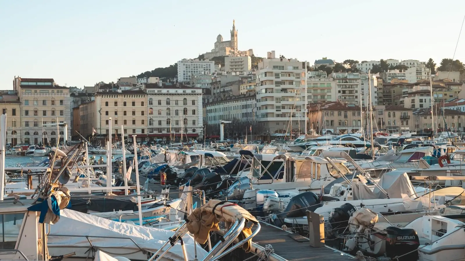 The Old Port of Marseille, France, with moored boats below the surrounding hills