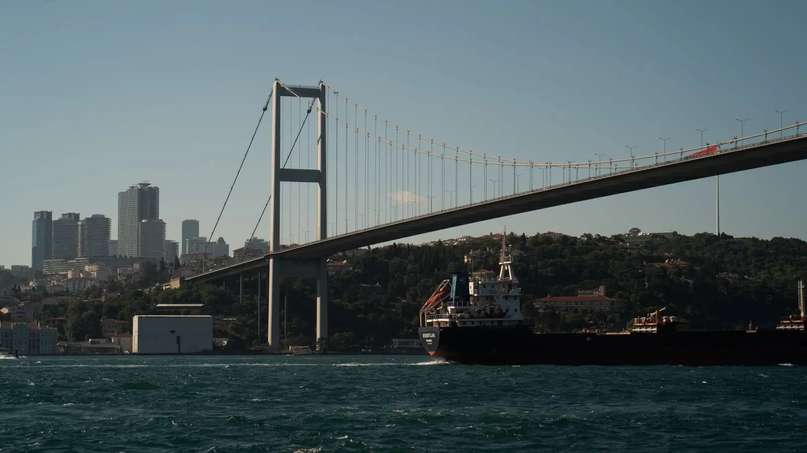 A cargo ship passing under the Bosphorus Bridge at Istanbul, Turkey